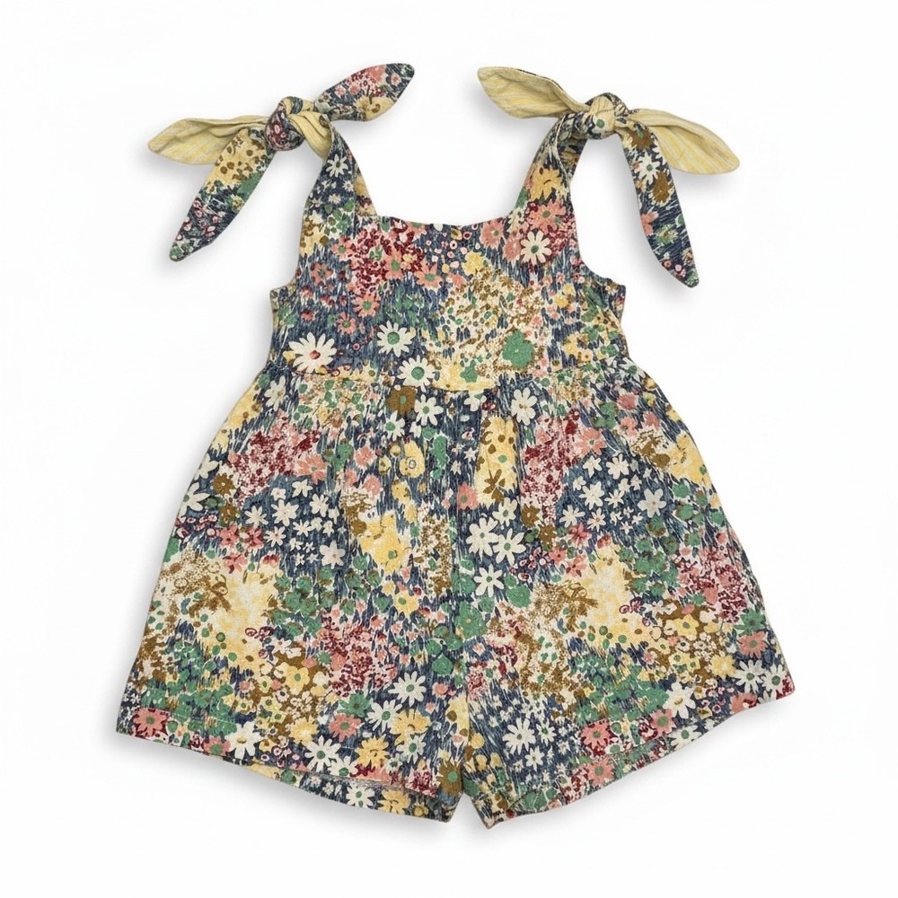 Floral Wildflower Romper Multicolor Tie Shoulder Toddler Sunsuit Boho Retro